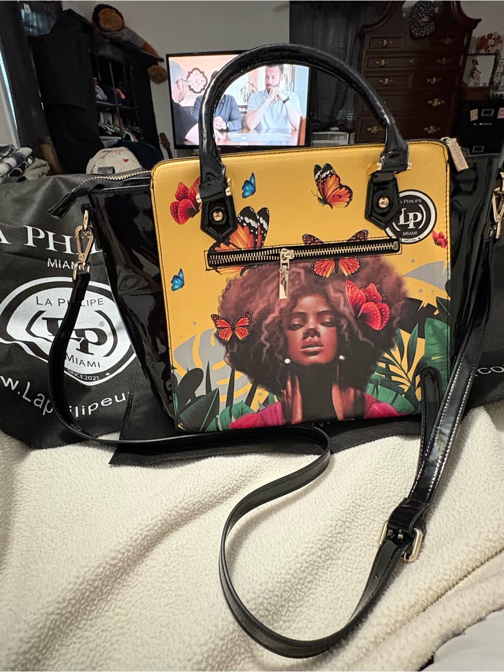 La Philipe Contemporary art glam tote with butterfly and studded detailing